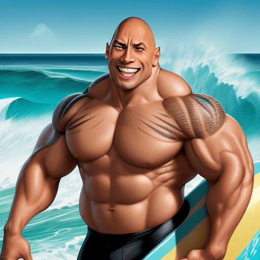AI generated:  a humorous, exaggerated caricature of Dwayne Johnson. His face has oversized, intense eyes with one...