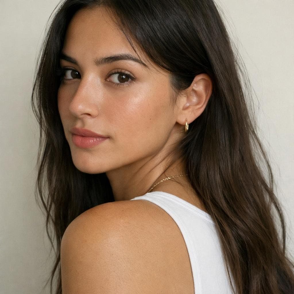 AI generated: ultra realistic young woman, 23 years old, natural beauty, oval face, almond-shaped dark brown eyes,...