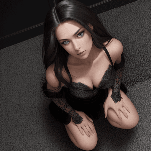 AI generated: close-up of an alluring woman kneeling on the carpeted floor, from above, long tousled brunette hair...