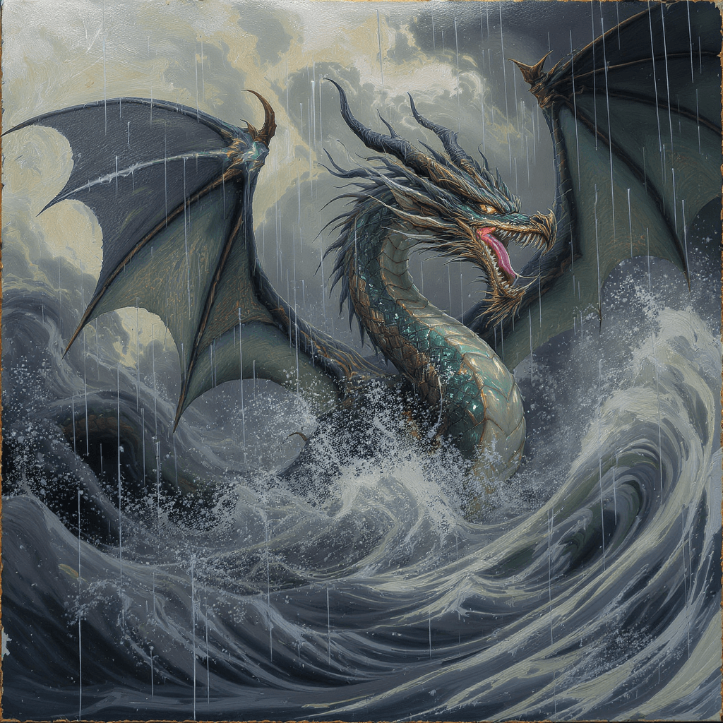 AI generated: A fearsome Western Dragon, its body a kaleidoscope of emerald and bronze scales, roaring amidst a st...