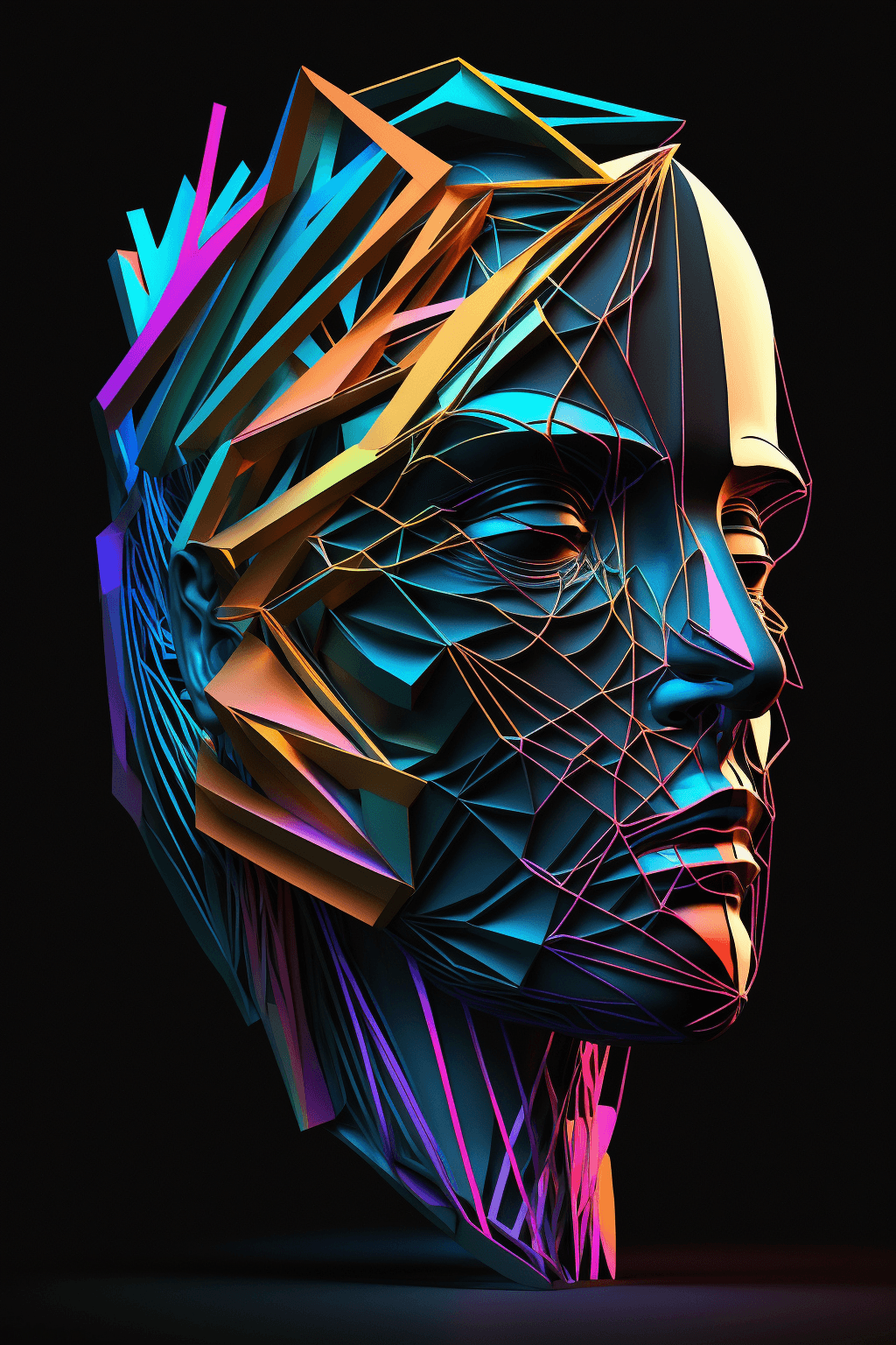 AI generated: An abstract 3D sculpture of a human face, made entirely out of geometric shapes and lines. The piece...