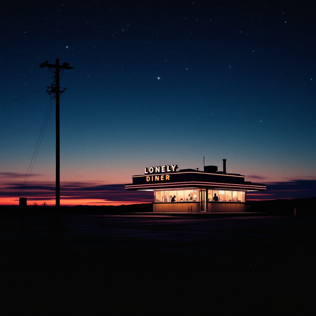 AI generated: Lonely diner at sunset, vintage film grain clear sky with stars bright night --ar 1:2 --ar 2:3