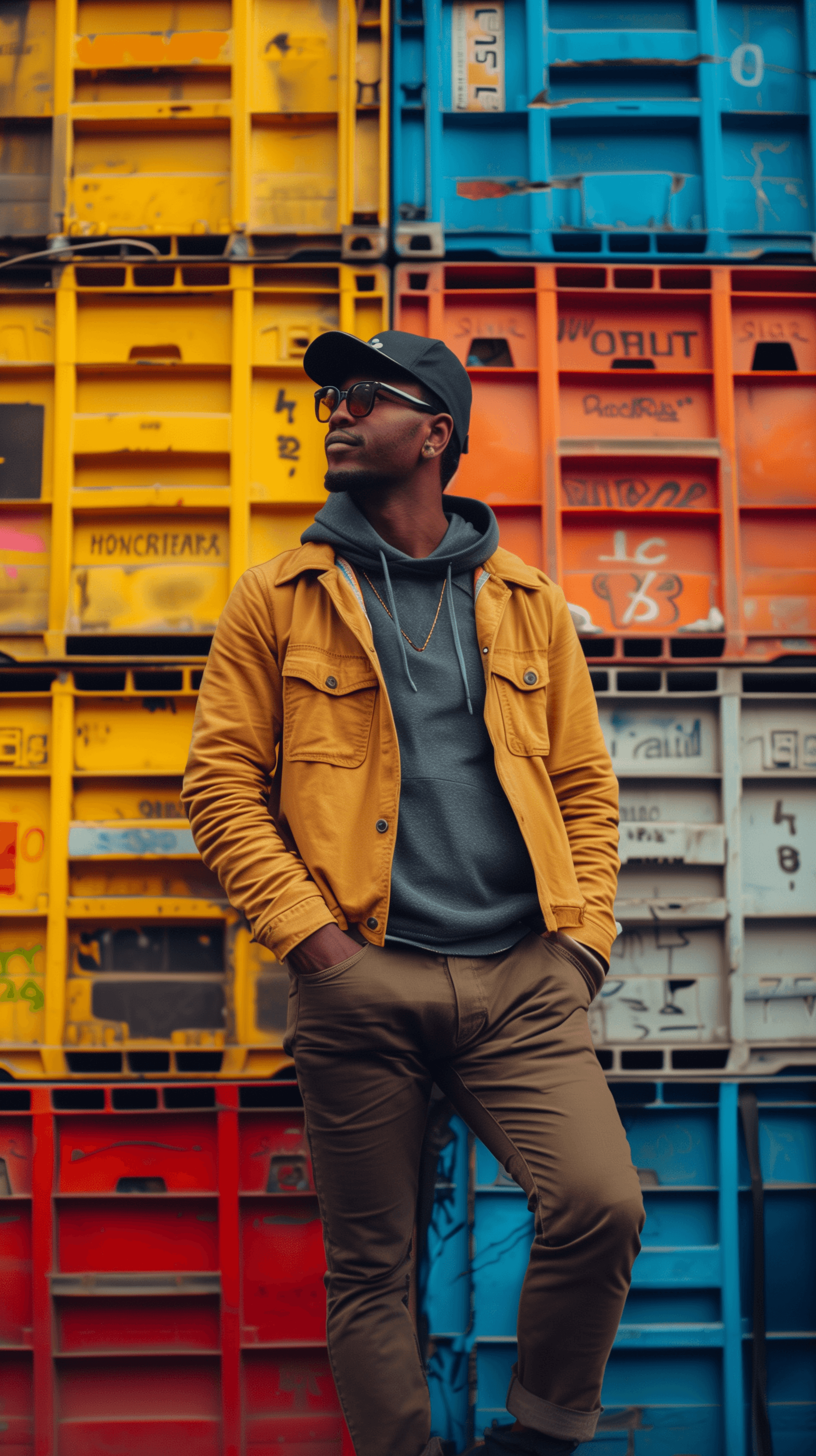 AI generated: contemporary street scene, professional man model with a colorful backdrop of stacked crate, street ...