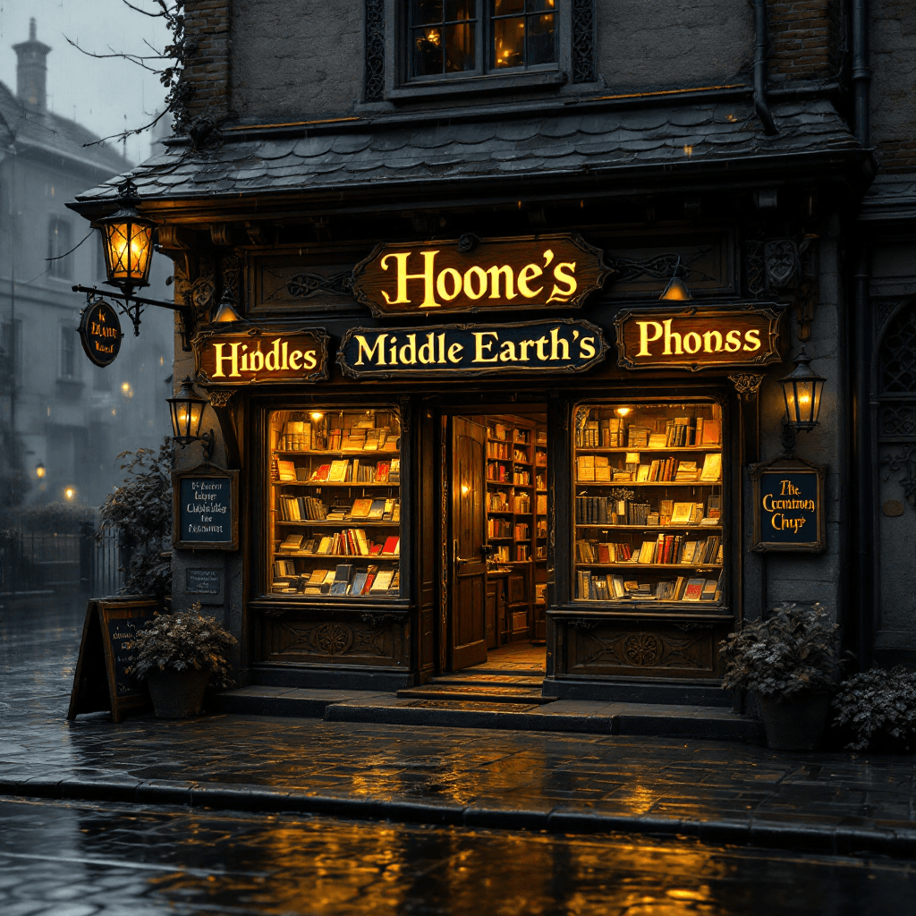 AI generated: A quaint Middle Earth-inspired shop, adorned with rustic wooden signs and lanterns, stands alone on ...