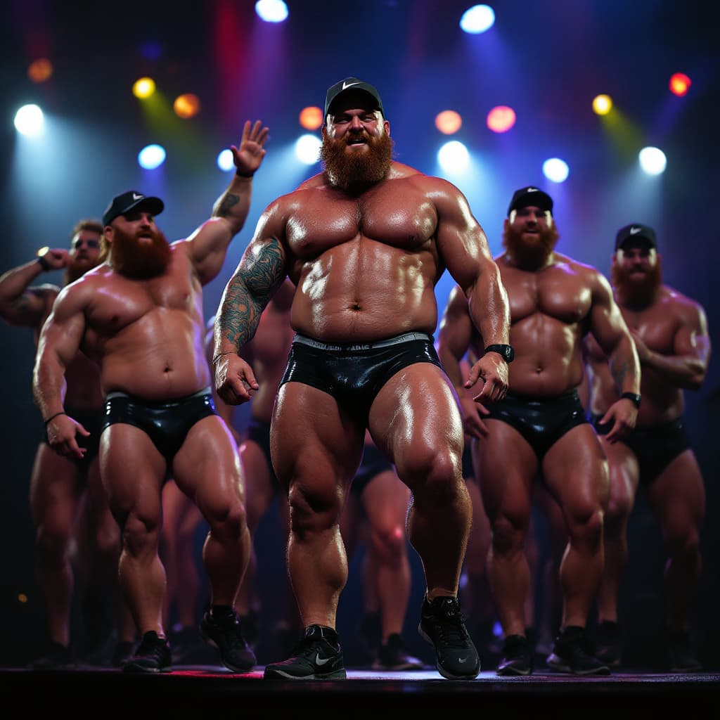 AI generated: Group of huge hung male strippers dancing on stage in shiny spandex g-strings, nike running shoes, s...