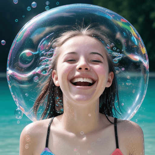 AI generated: a girl, laughing, surrounded by  colorful water bubbles