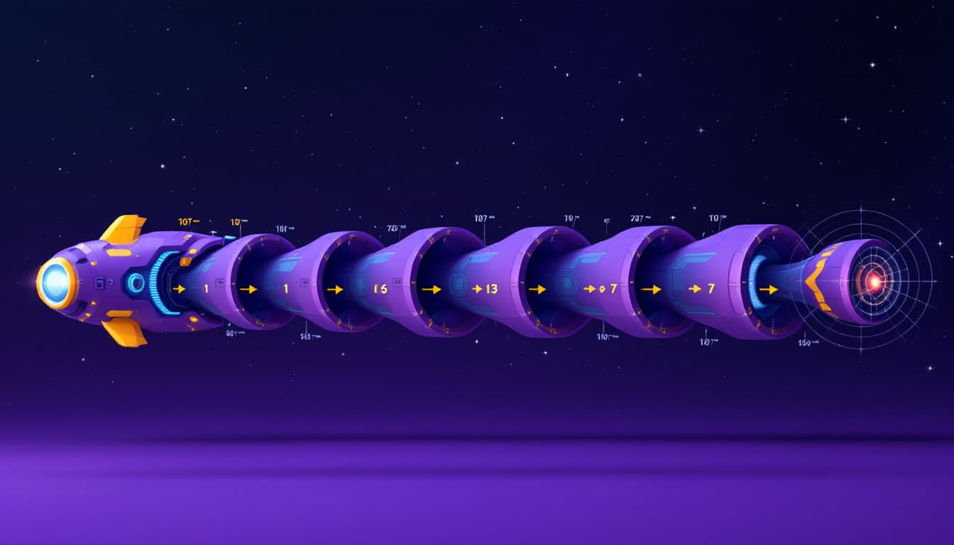 AI generated: Create a realistic 3D image of a futuristic and technological rocket horizontally divided into 7 sec...