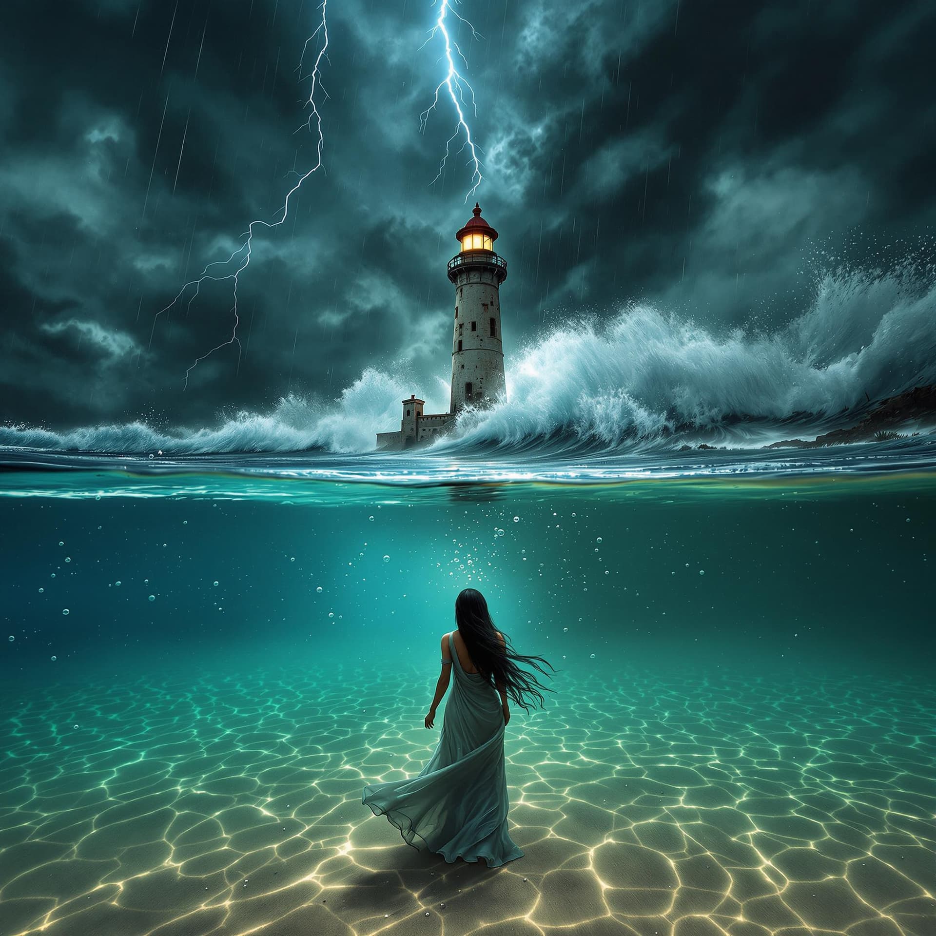 AI generated: A cinematic split-frame composition where the lens is half-submerged underwater. Half of the body is...