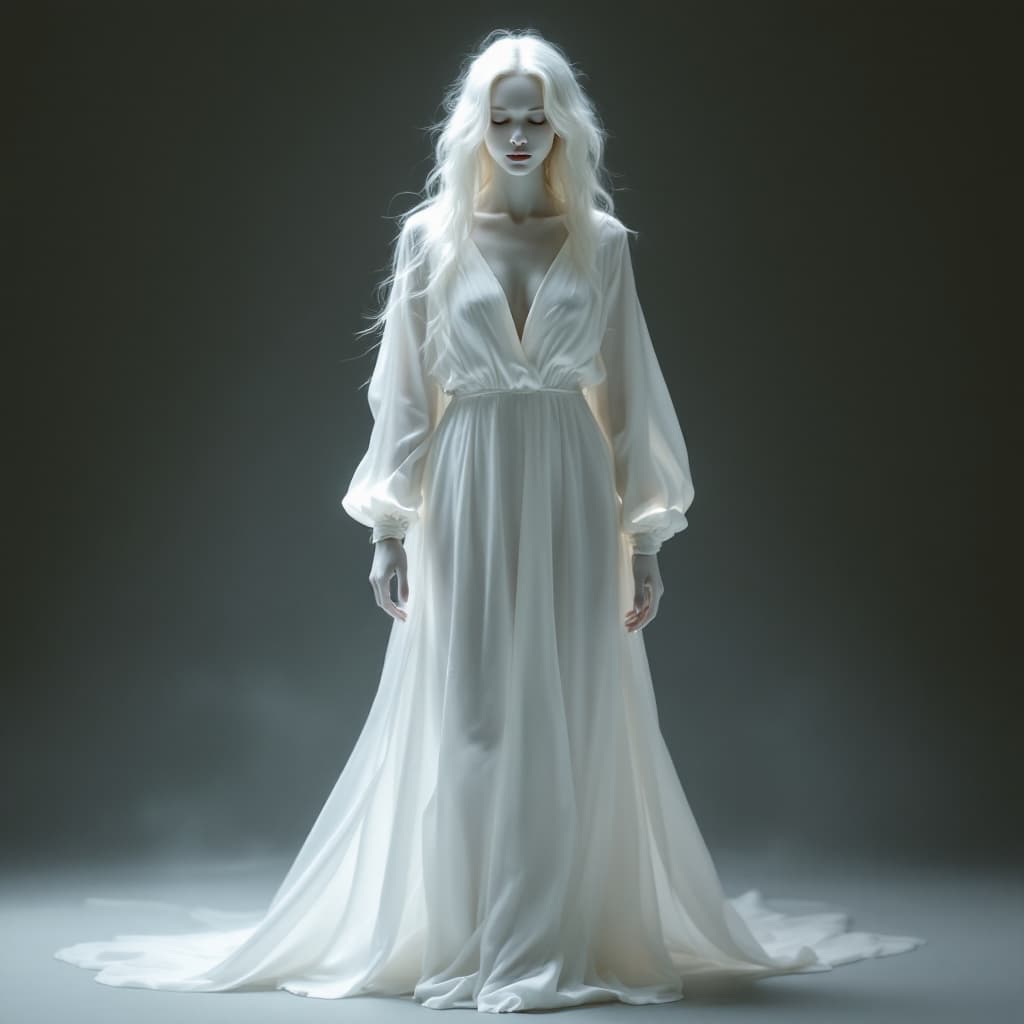 AI generated: The woman is wearing a long, flowing white dress with a V-neckline and long sleeves. The dress is ma...