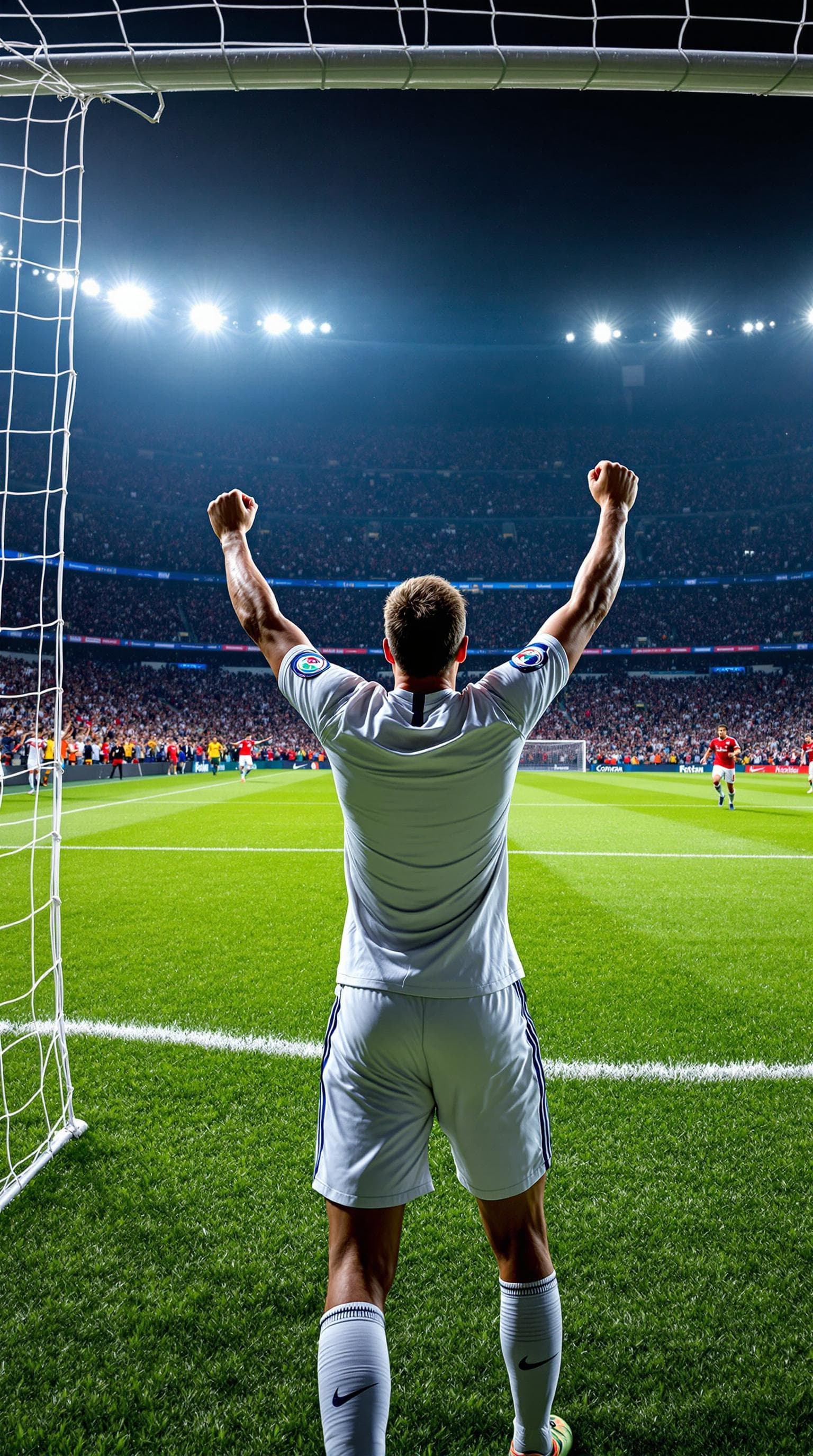 AI generated: "A first-person perspective of a professional footballer just after scoring a goal, looking at the r...