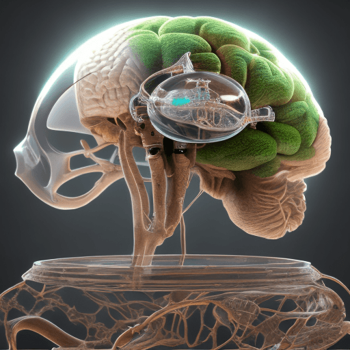 AI generated: 3D render of a sci-fi baroque concept design of anatomically correct brain device with terrarium, st...