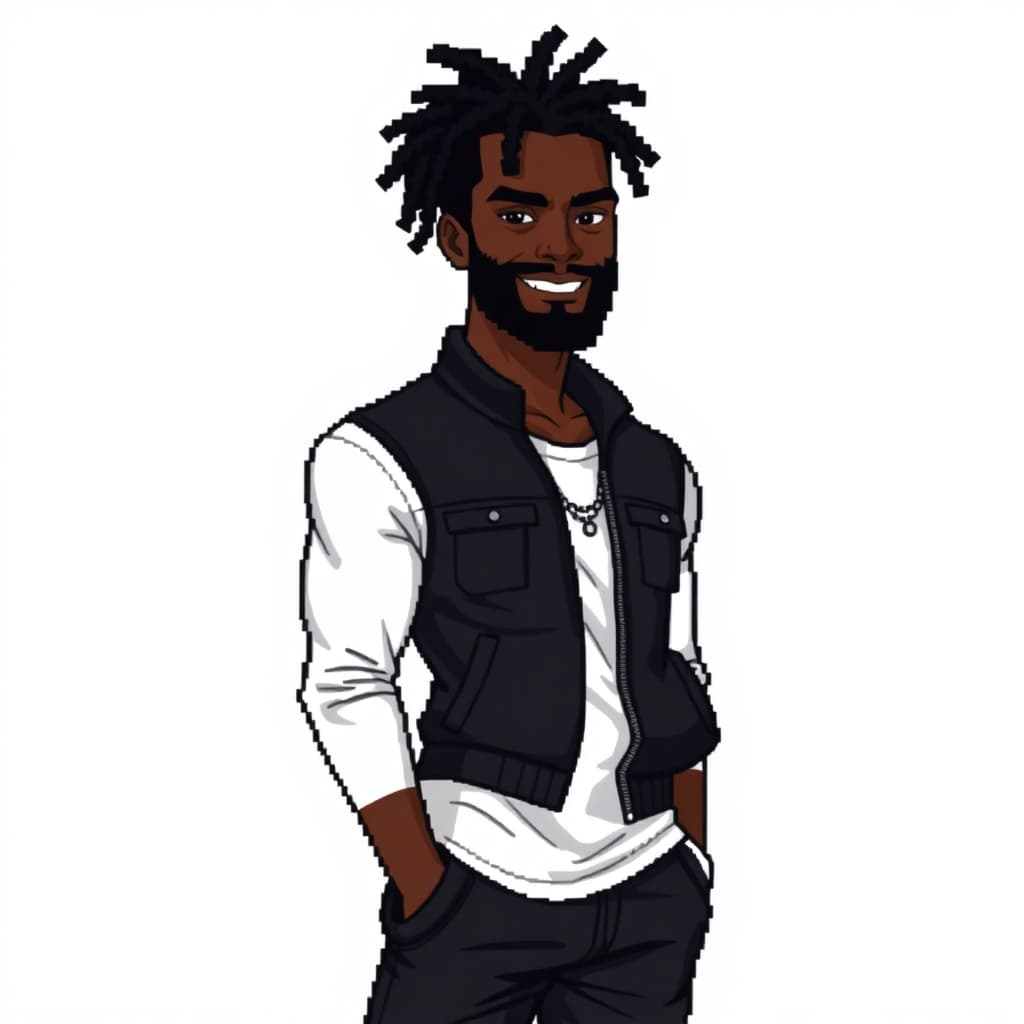 AI generated:  pixelated art style from the SNES era, a black male with an Espresso skin tone, black locs, a full ...