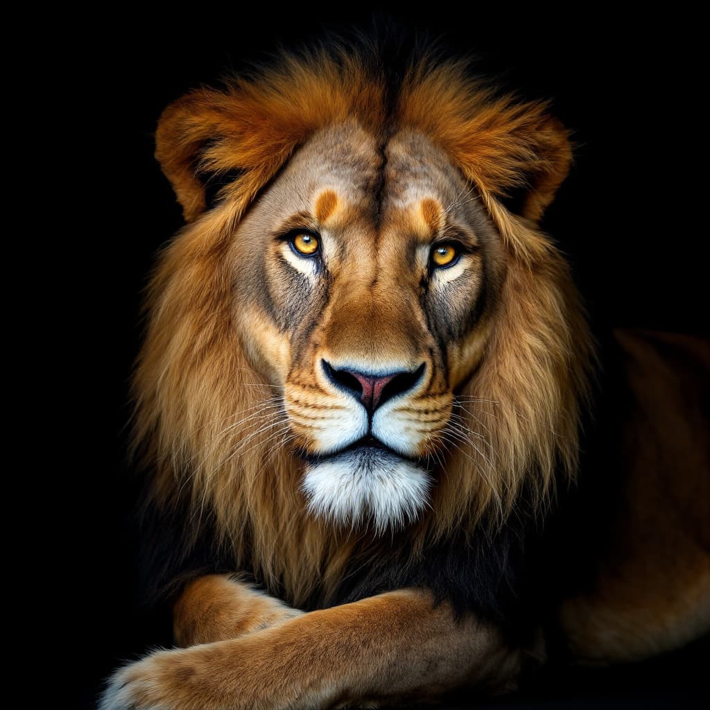 AI generated: A relaxed lion photographed by Lee Jeffries, expressive eyes, adorable lion, dark background, propor...