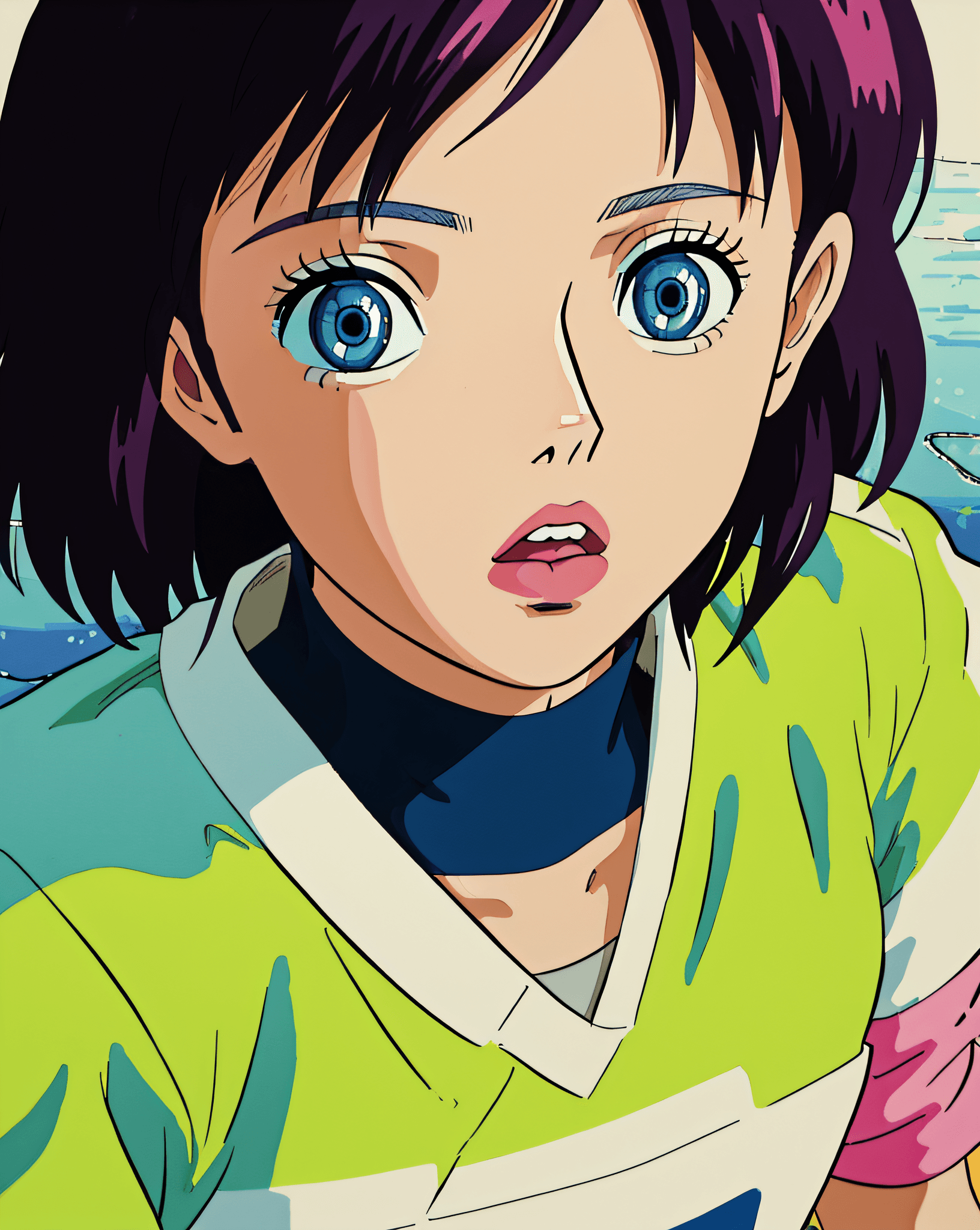 AI generated: cleanup animation, (high quality anime girl art painting by Tomer Hanuka, Hirohiko Araki, Studio Ghi...