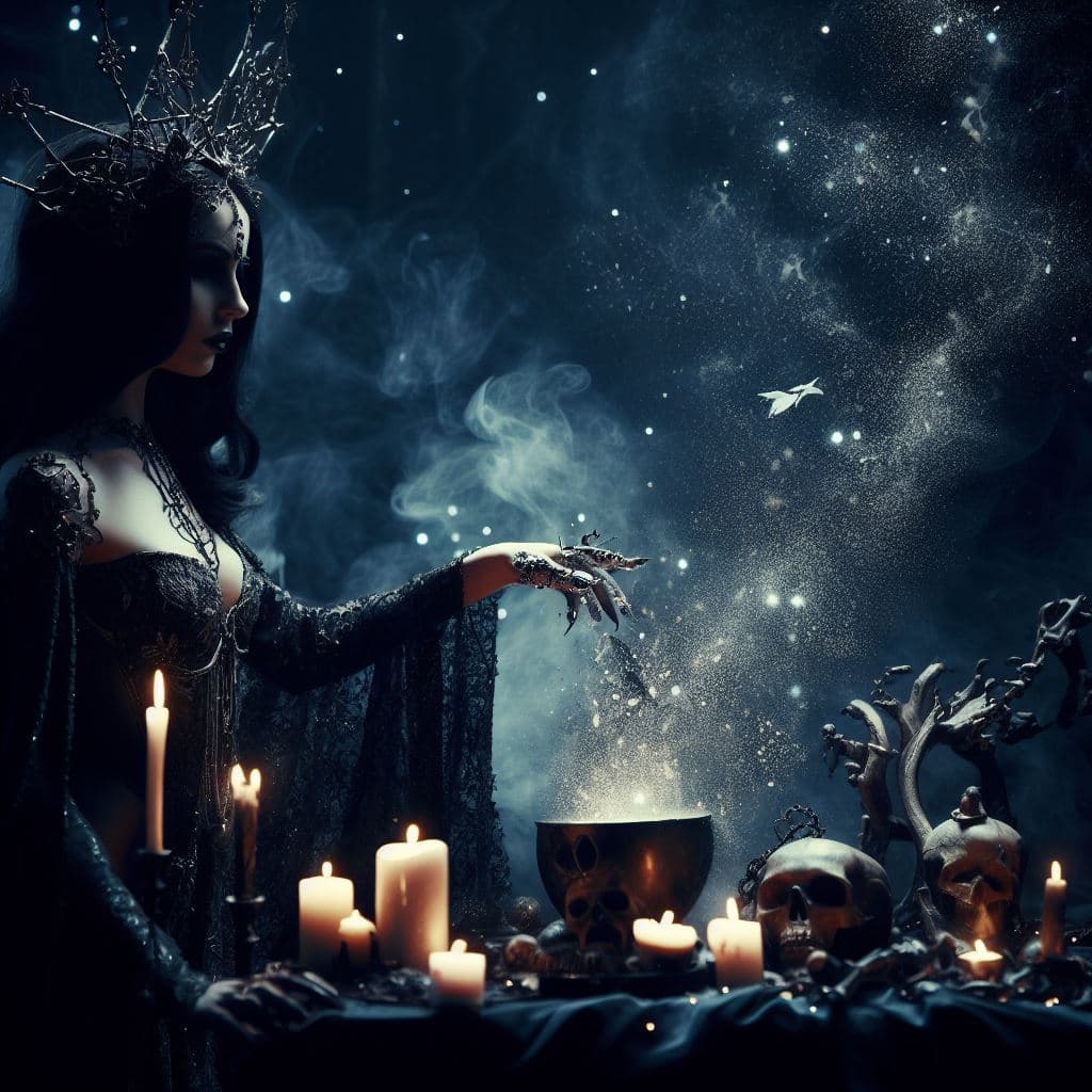 AI generated: a mystical,very beautiful dark sorceress performs an ancient ritual to summon a dark being,very deta...