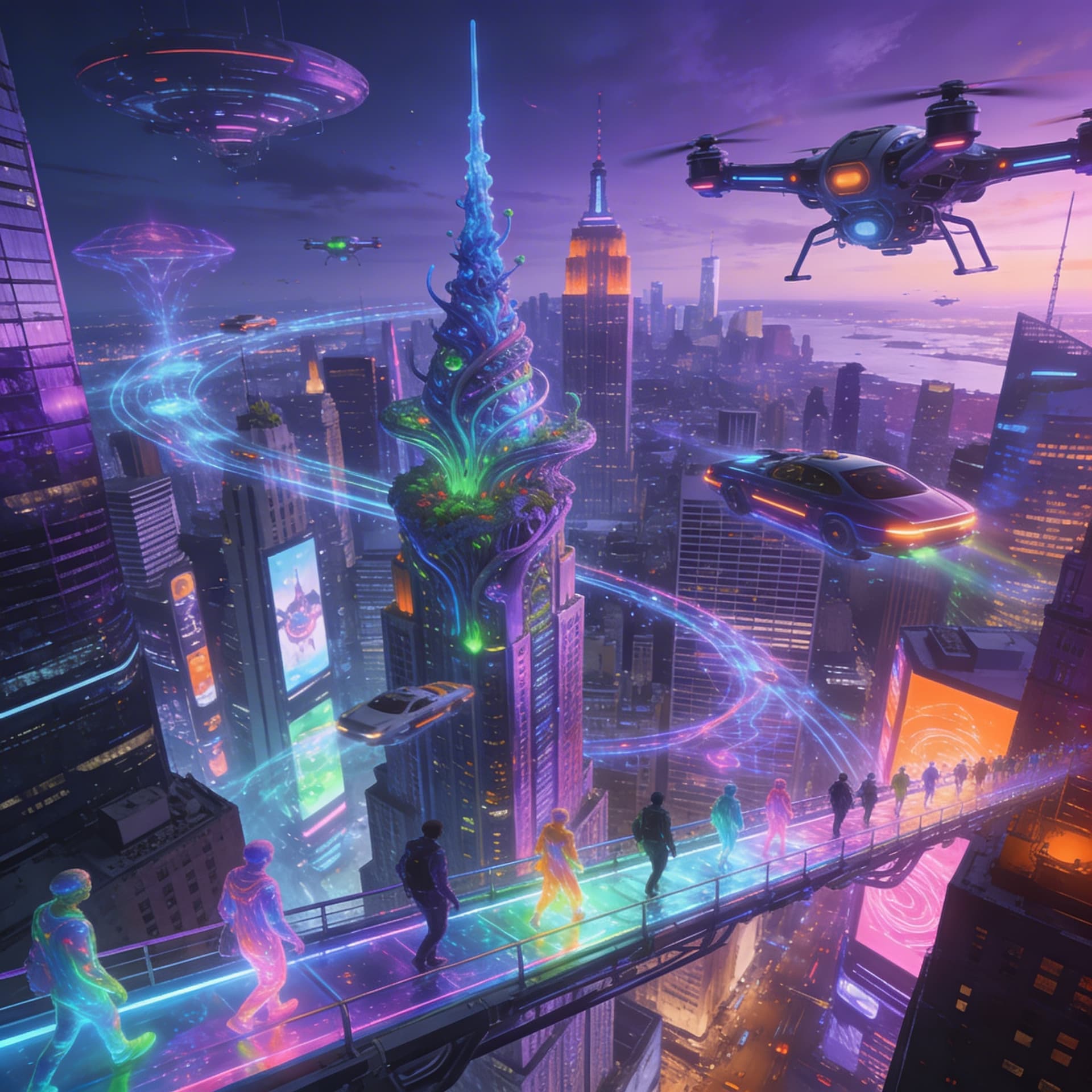 AI generated:  surreal, psychedelic New York City in the year 3,000. high detail. Photo realistic. Deep color.