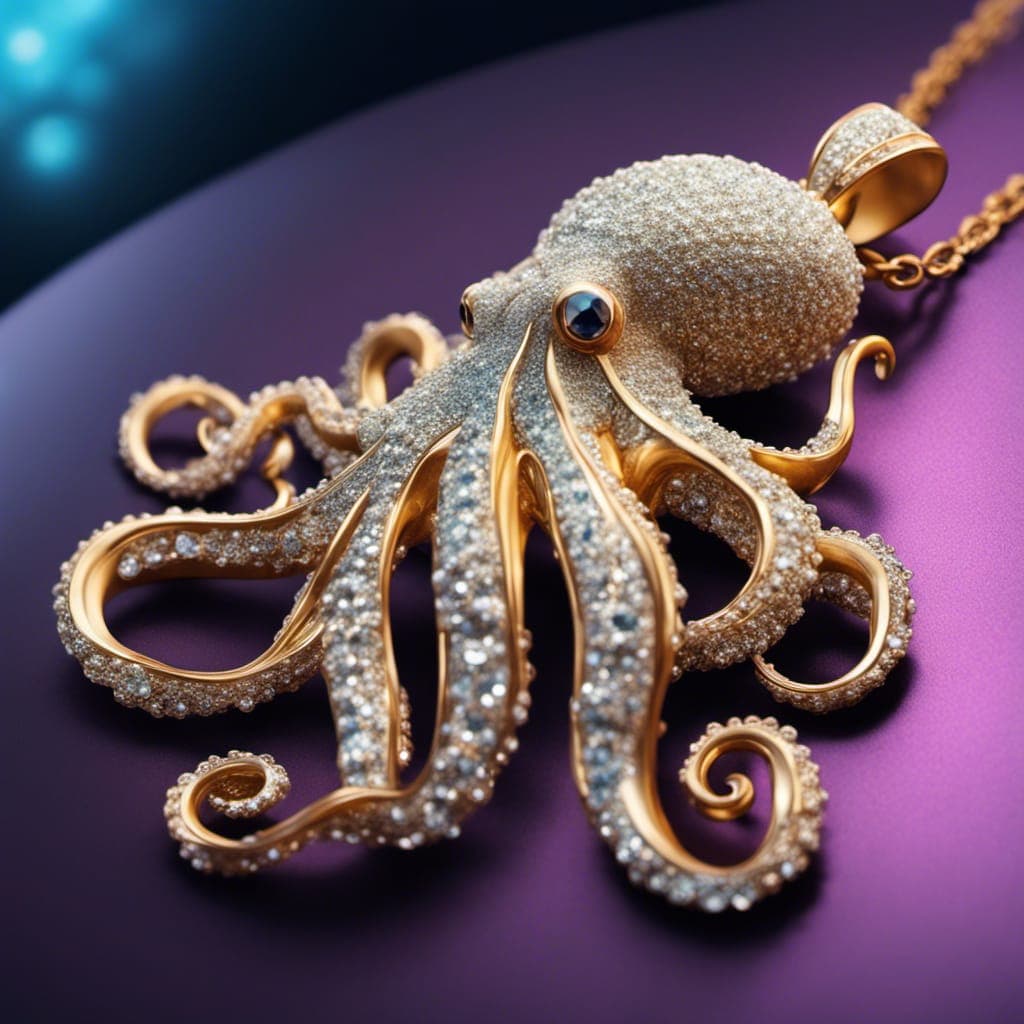 AI generated: Describe the breathtaking elegance of the luxurious octopus pendant adorned and covered in hundreds ...