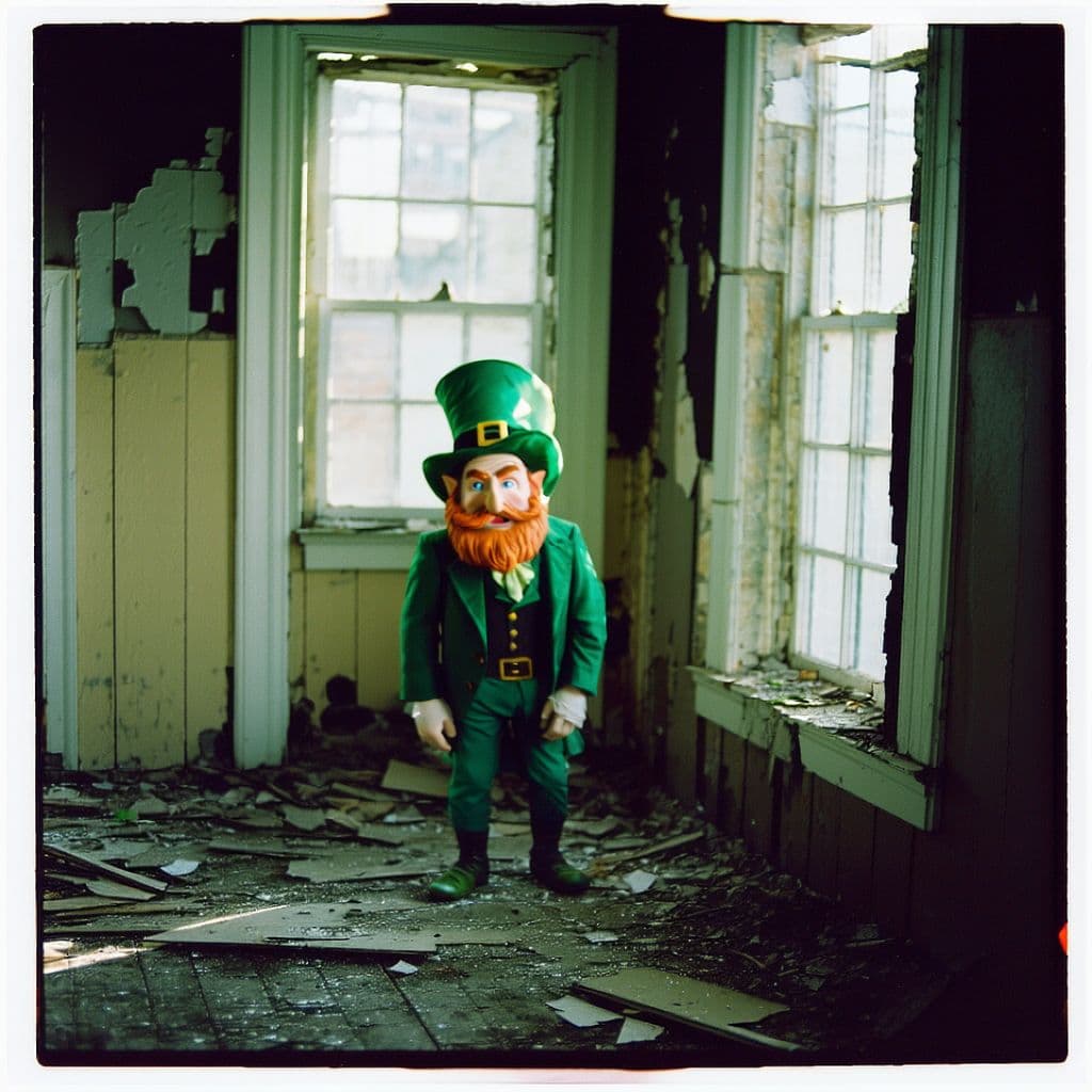 AI generated: grainy 80's photograph quality polaroid of a leprechaun caught in an abandoned house