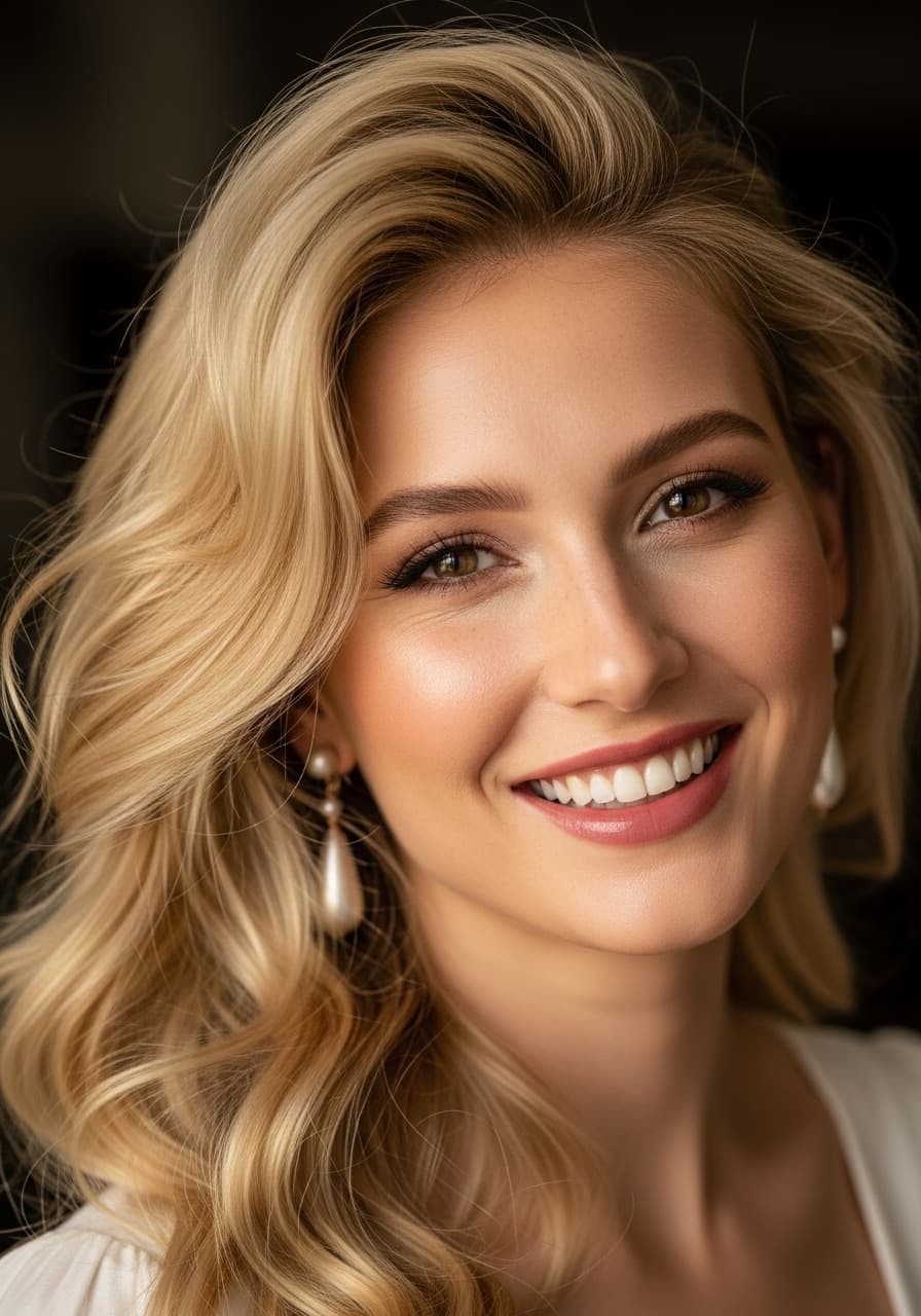 AI generated: A beautiful blonde woman with voluminous curls and elegant earrings smiles radiantly in a soft, flat...