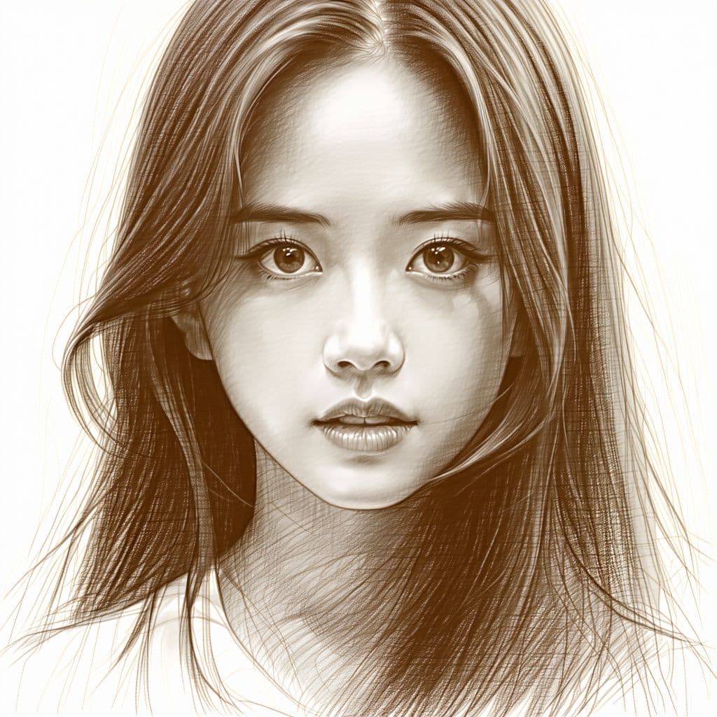 AI generated: a brown pencil drawing of a girl with long hair, in the style of hyper-realistic sci-fi, realistic h...