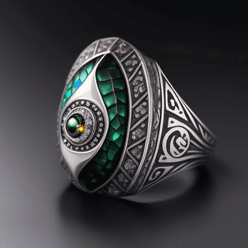 AI generated: A ring from an Eastern dragon with diamond eyes, the letters ' PITLOCK' engraved