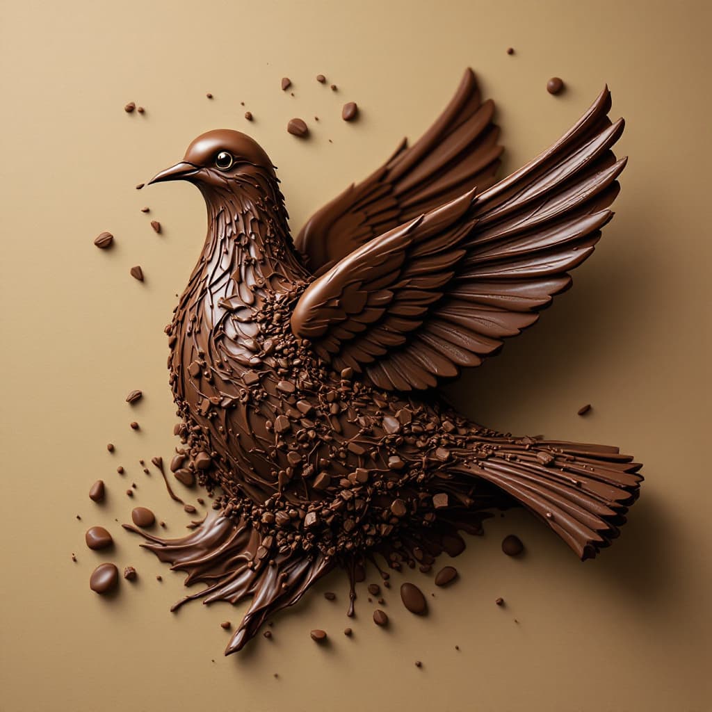 AI generated: dove made from chocolate flaying from spread chocolate.