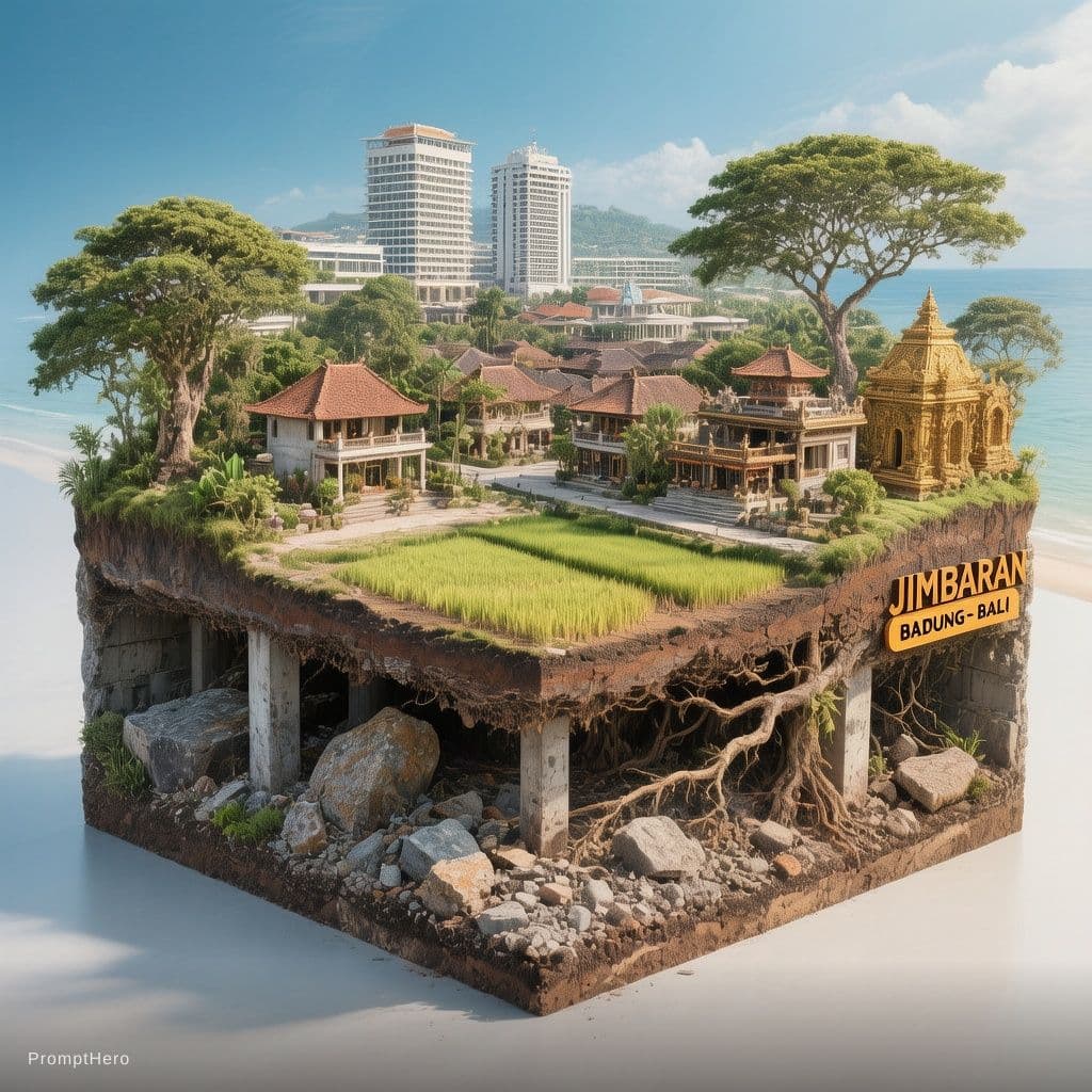 AI generated: Hyper-realistic 3D square diorama of JIMBARAN - BADUNG-BALI, carved with a cross-section of the open...