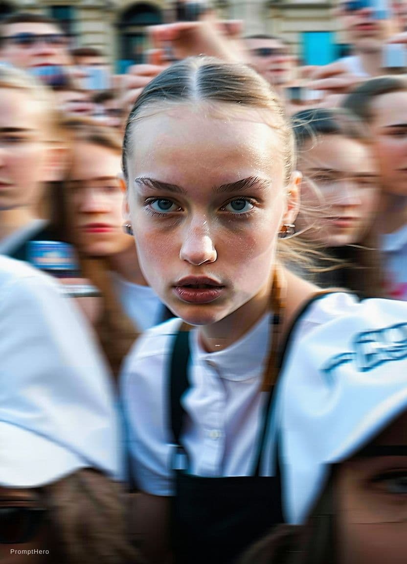 AI generated: Paparazzi-style extreme close-up photo of a woman with striking facial features, caught off-guard wh...