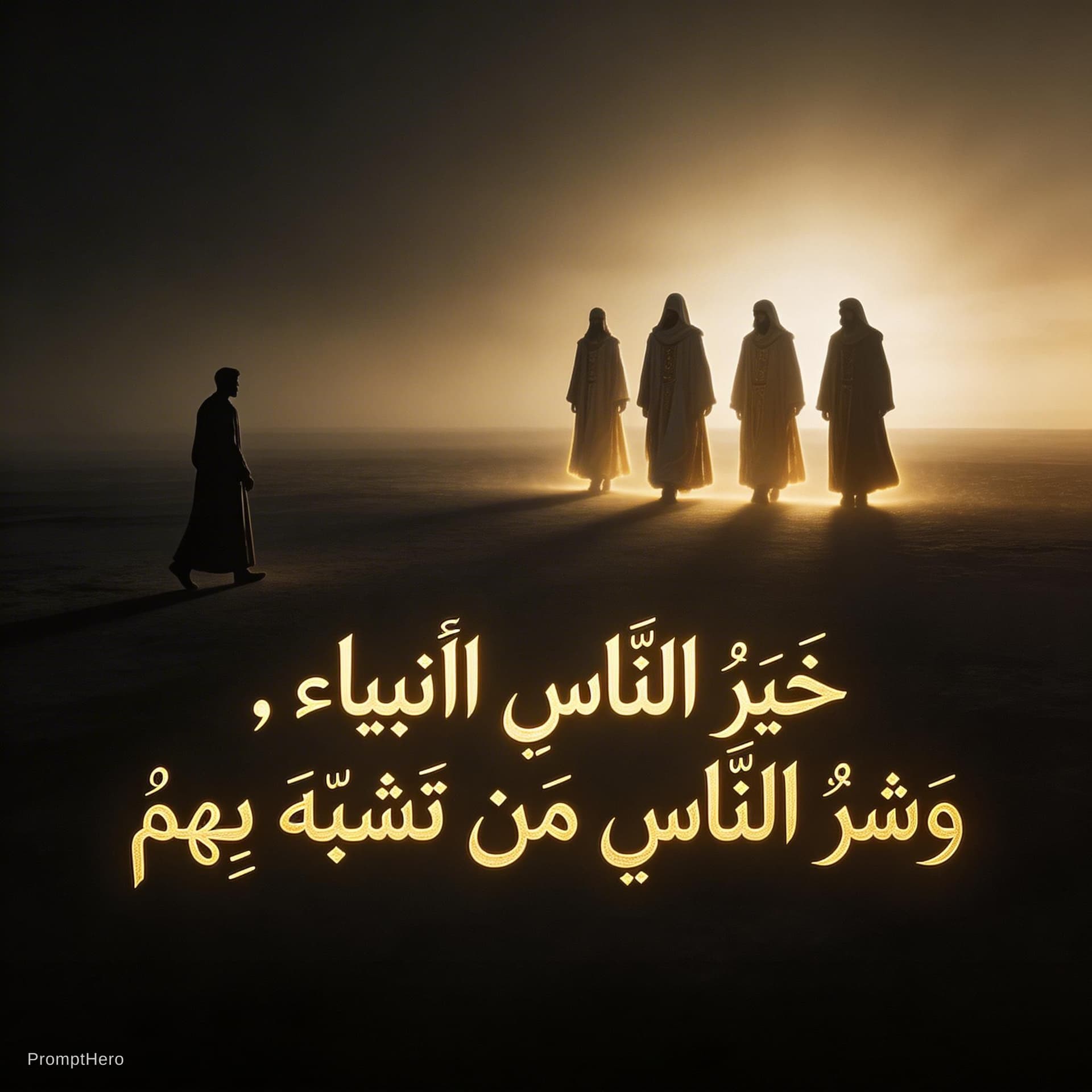 AI generated: Create a vertical 9:16 majestic Islamic design.

Scene:
Silhouettes of noble figures walking toward ...