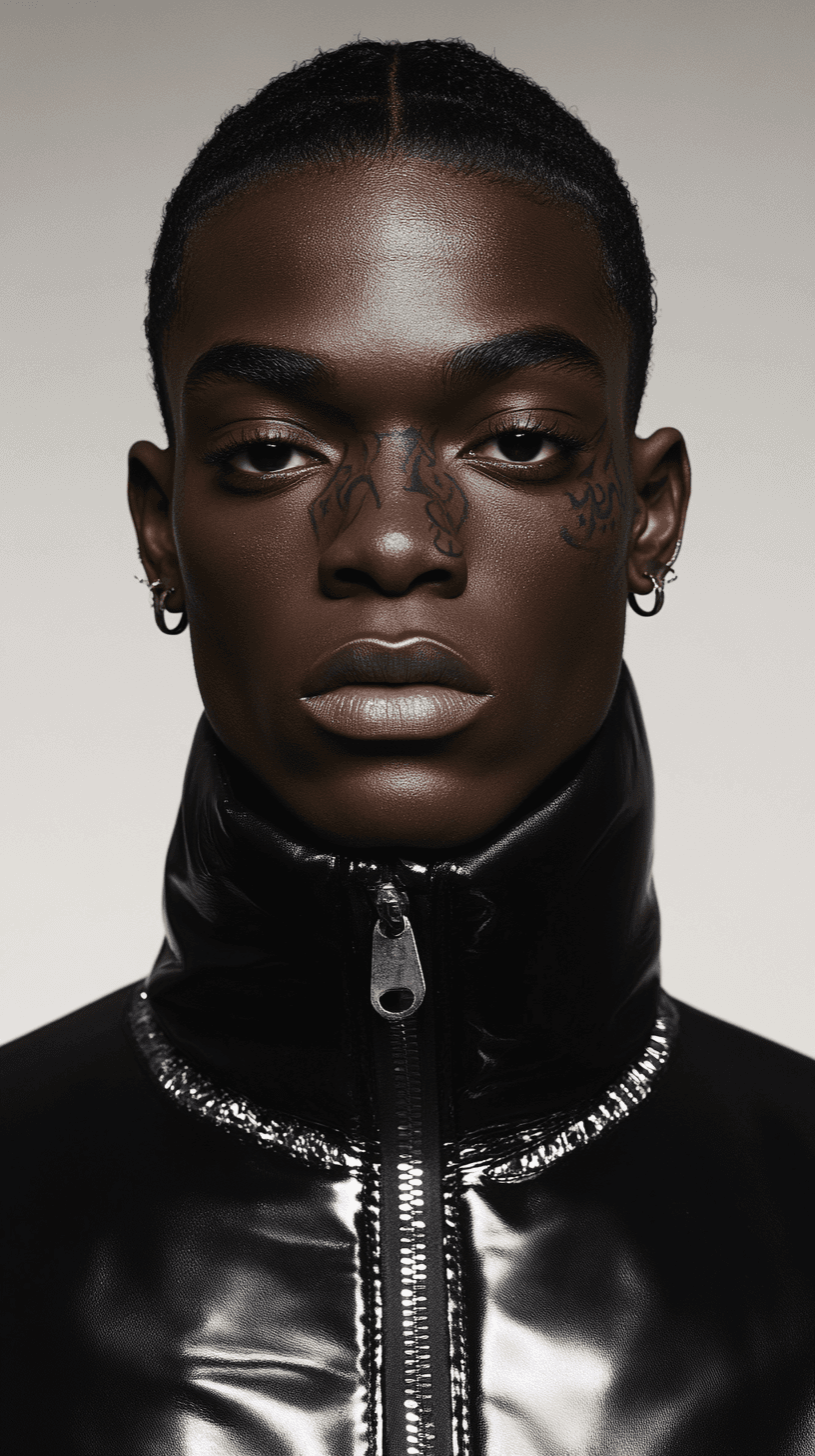 AI generated: Symetrical ultra Closeup of a dope faced tattoed model, dark mirror glazed Nike sport outfit, Minima...