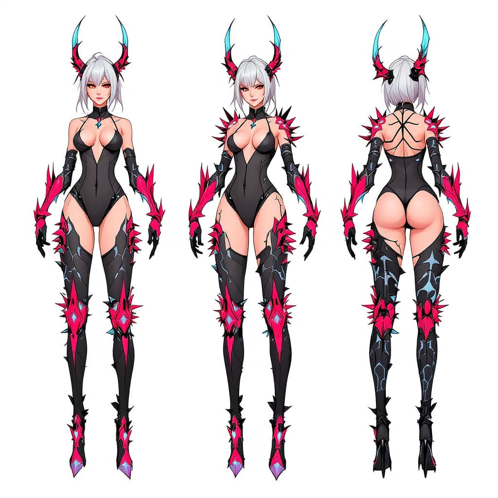 AI generated: Full-body reference of Vex, a delinquent magical girl with spiked ruby prosthetics (gem coated leg a...