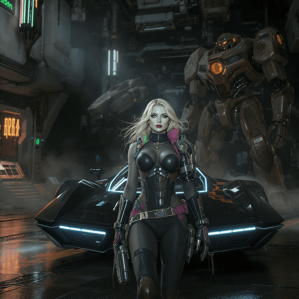 AI generated: Syd Mead style futuristic cyber dieselpunk hovercraft, full body shot of beautiful European young bl...