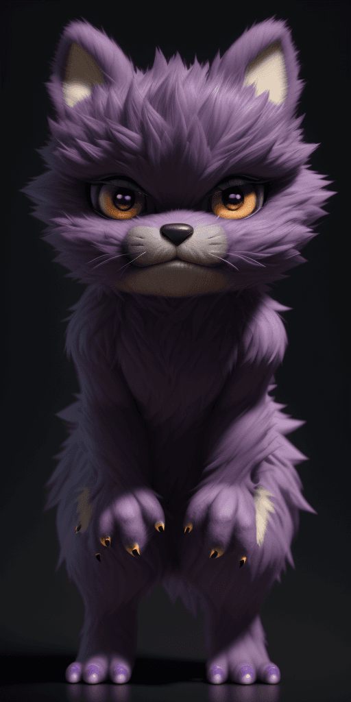 AI generated: pltn style, A cute, small, purple, furry monster with yellow eyes. 3D image, Unreal Engine 3D render...