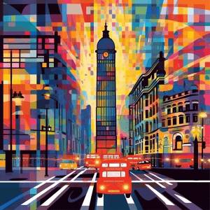 AI generated: Abstract colorful vector, illuminate the vibrant streets of London, by Peter Blake, with dynamic lig...