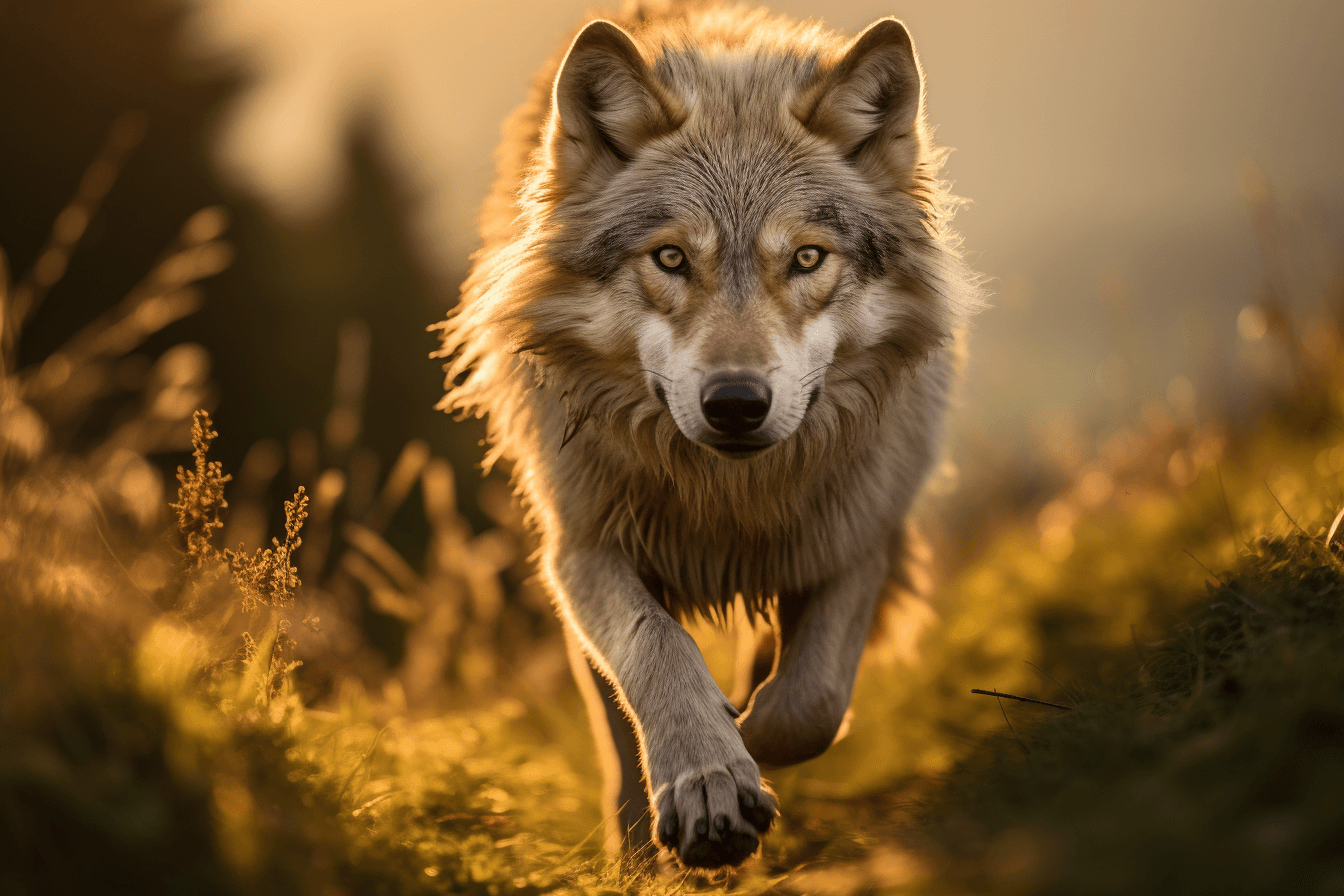 AI generated: Scenic Landscape, a wild wolf running towards the camera, captured in a stunning natural setting. Th...