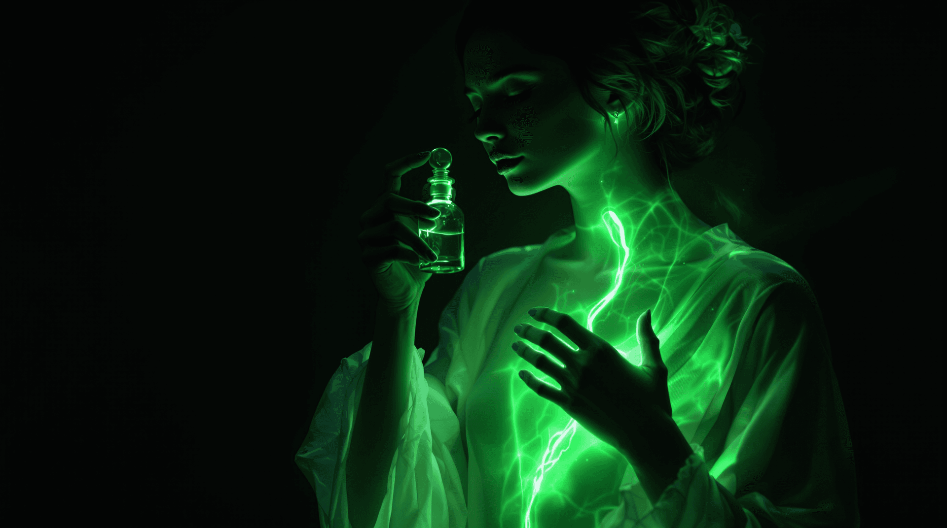 AI generated: A Stunning woman stands still in the dim light, her head tilted slightly as a small, ornate vial of ...