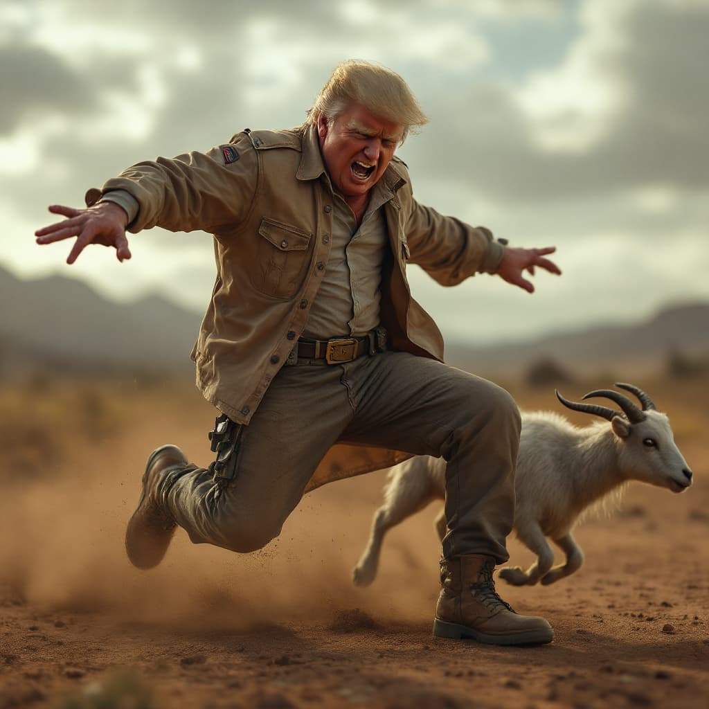 AI generated: A rugged middle-aged DONALD TRUMP GETS KICKED BY A SMALL GOAT THEN THE GOAT CHASES HIM AND HE SCREAM...