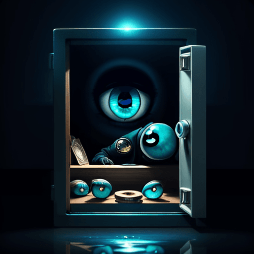 AI generated: Photo of a thief hacking into a safe,  the safe has shelves of large beautiful eyeballs,  the eyebal...