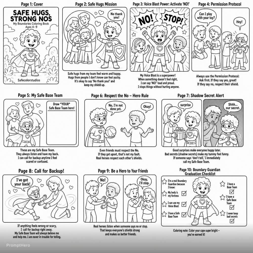 AI generated: Coloring book pages with consistent imagery for whole coloring book creation. 