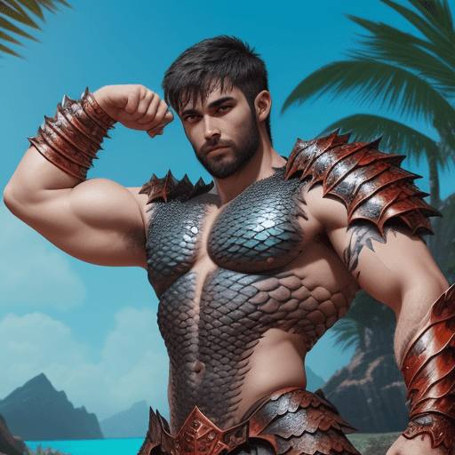 AI generated: A dark short hair man, draconic armour, scruffy, scales, shirtless, bright oasis background, flexing...