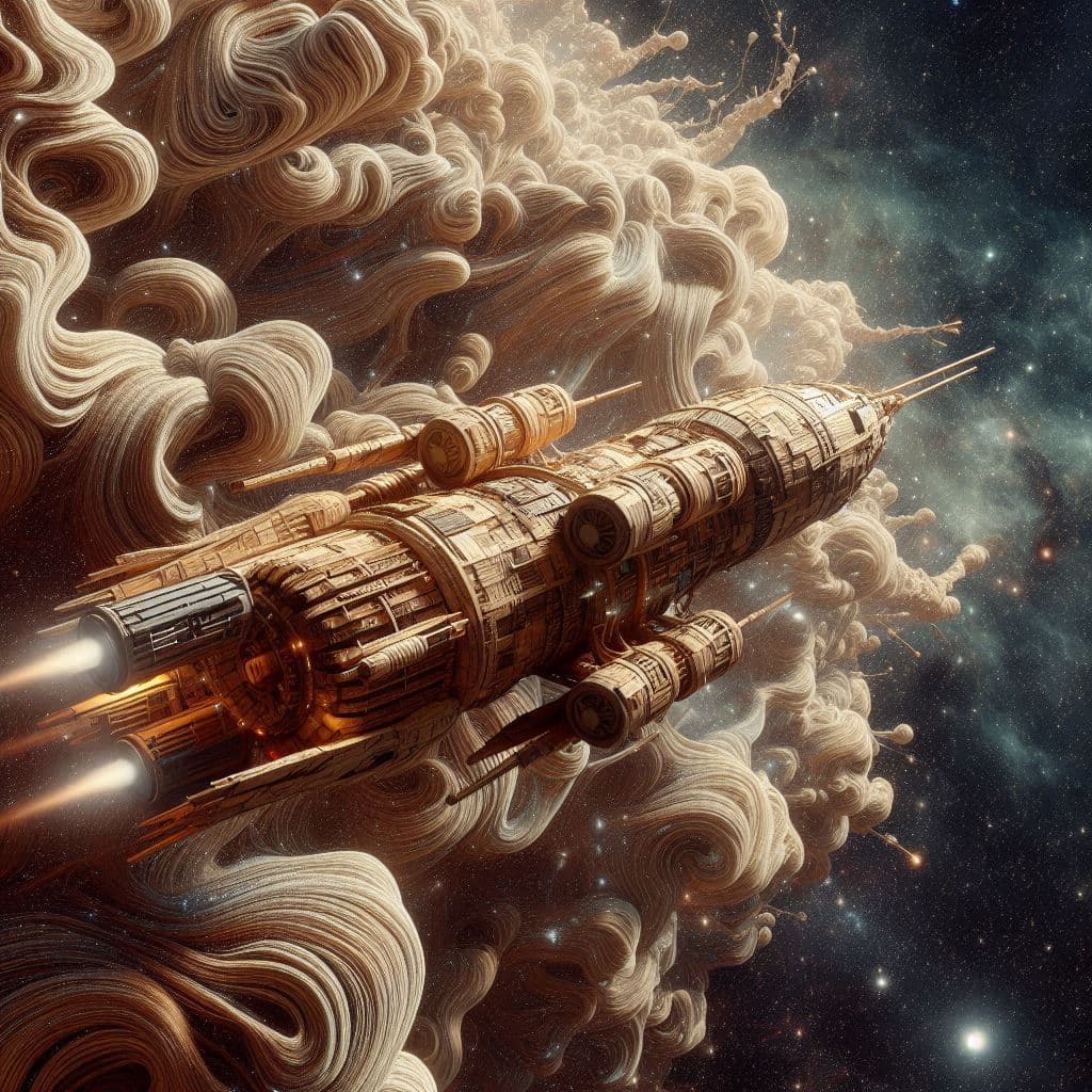 AI generated: Big in the foreground is a wooden bionic spaceship made of bark. The universe is a barely visible fo...