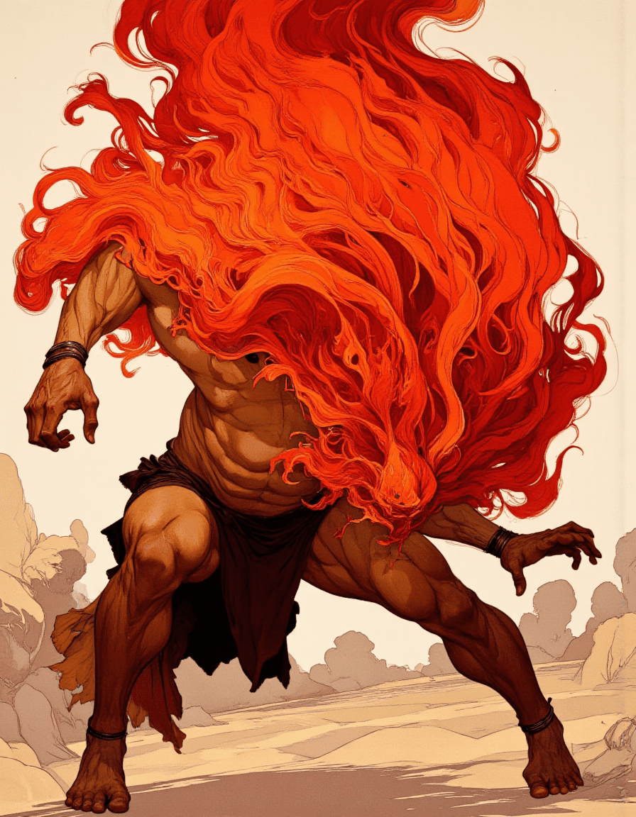 AI generated: A dynamic illustration of a powerful, muscular humanoid figure with flowing, vibrant crimson hair th...
