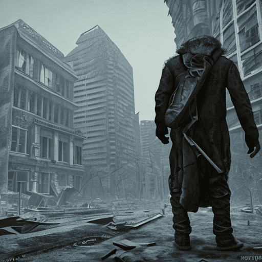 AI generated: Ruined post-apocalyptic city. Hooded person from the back.