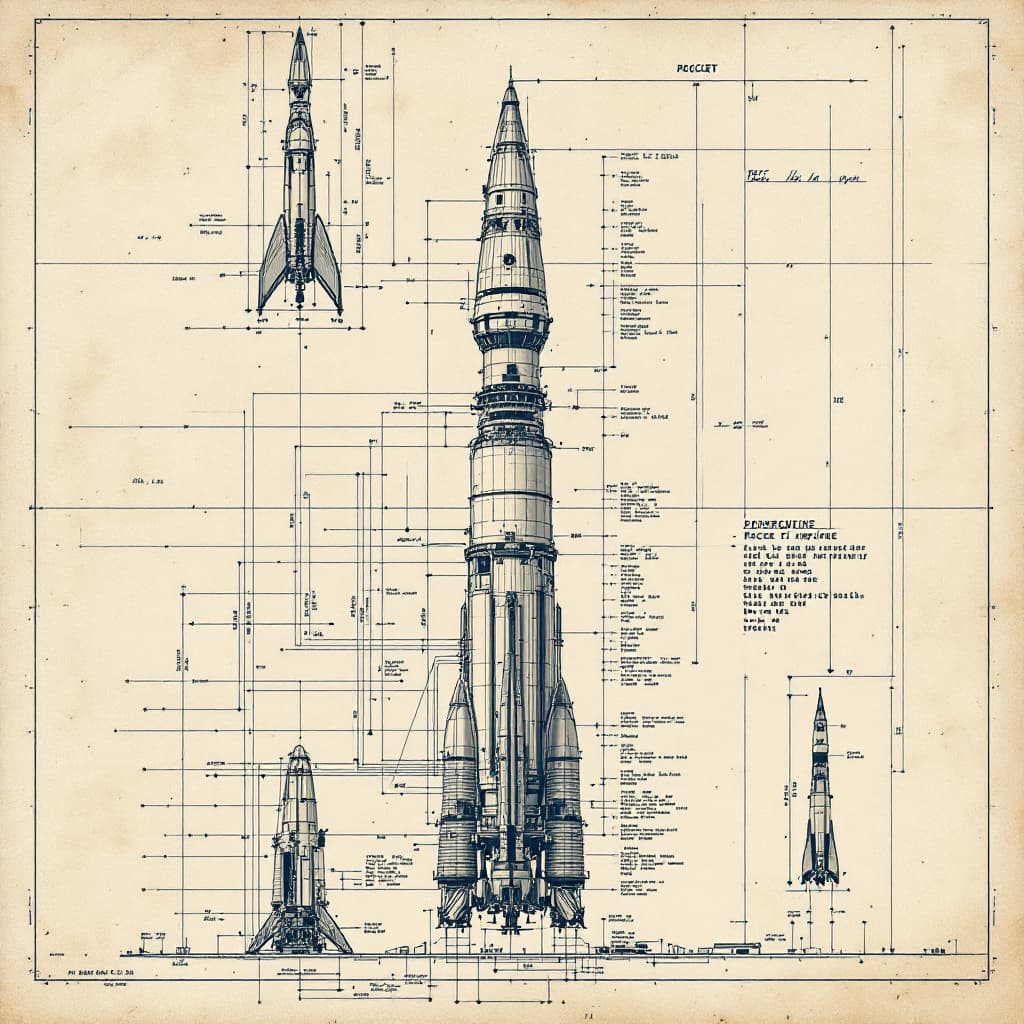 AI generated: “A retro blueprint drawing of a 1950s rocket engine, weathered paper texture, hand-drawn lines, and ...