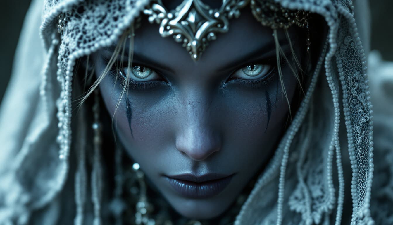 AI generated: photorealistic close-up portrait drow elf. sultry warrior, magic aura! ! ! , onyx skin, beautiful fa...