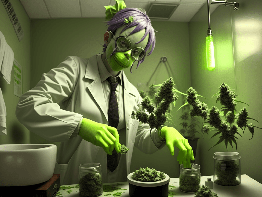 AI generated: a crazy radioactive chemist making marijuana flowers in a small bathroom full of marijuana plants
