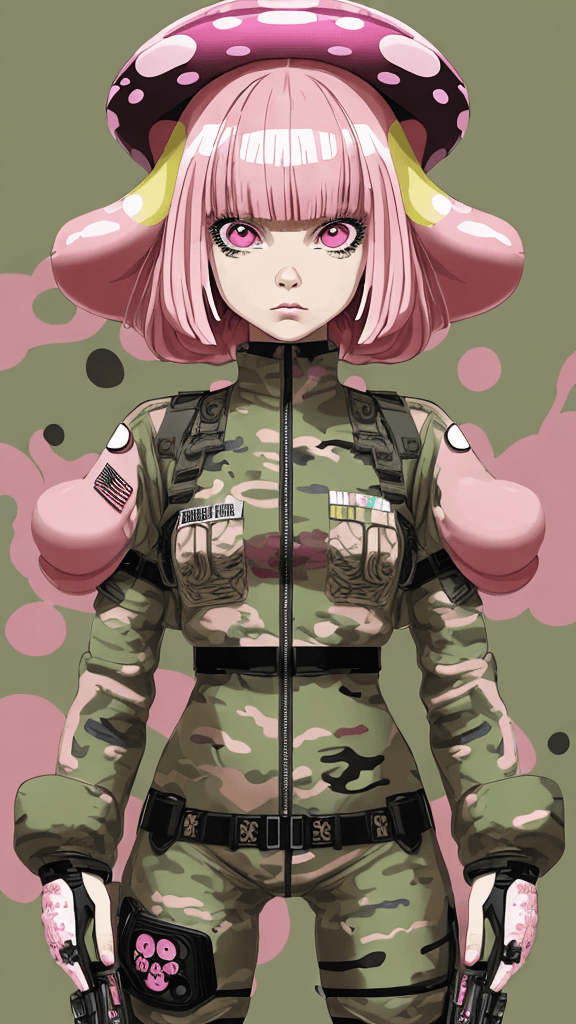 AI generated: in a funky army background portrait of little mushroom woman, pink hair, wearing army attire, Promin...