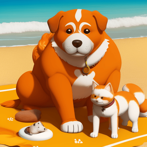 AI generated: perro gordo tomando sol y nadando en la playa con un perro golden  y color naranja y el otro perro b...