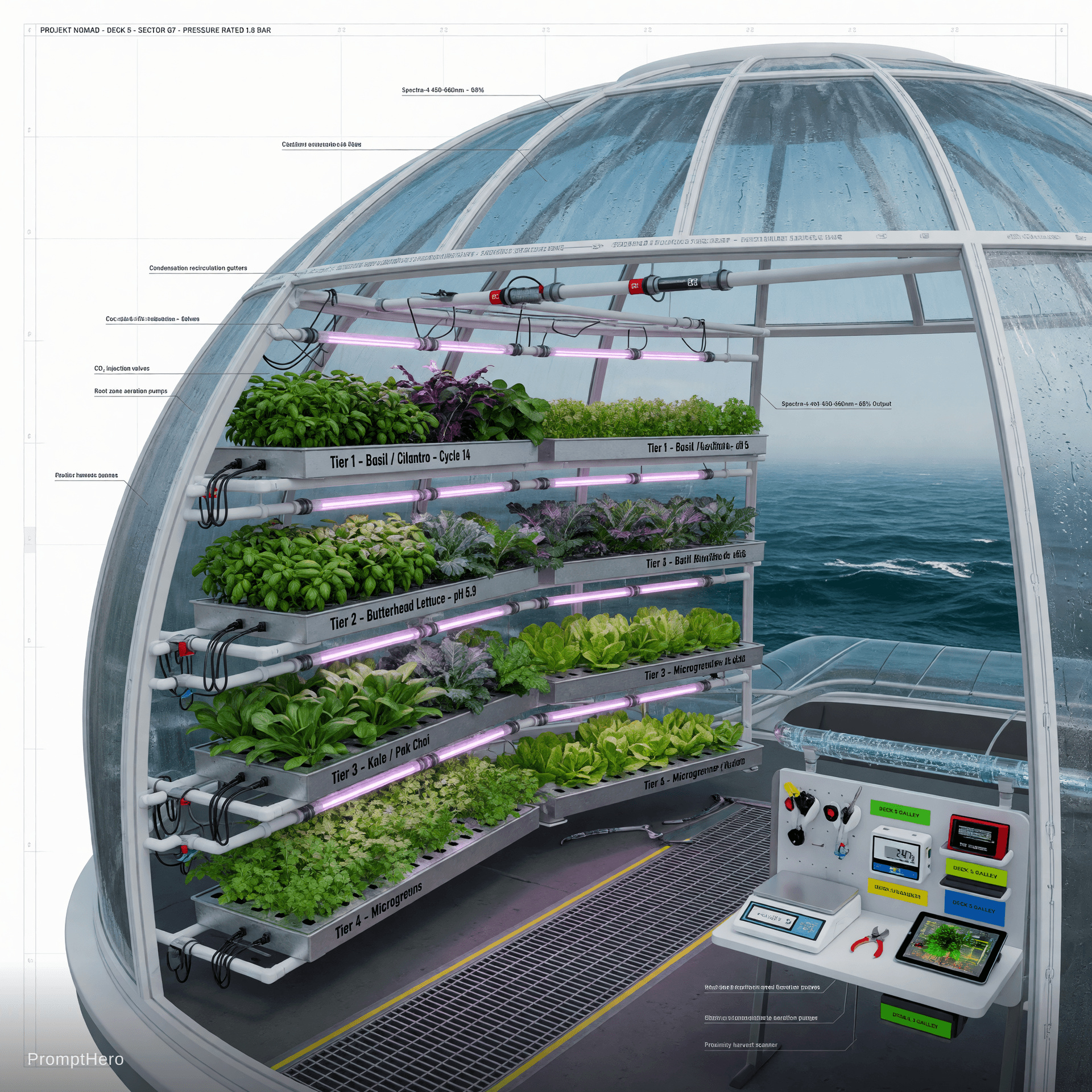 AI generated: Highly detailed technical interior close-up of the greenhouse dome on Deck 5 of Projekt Nomad, clean...
