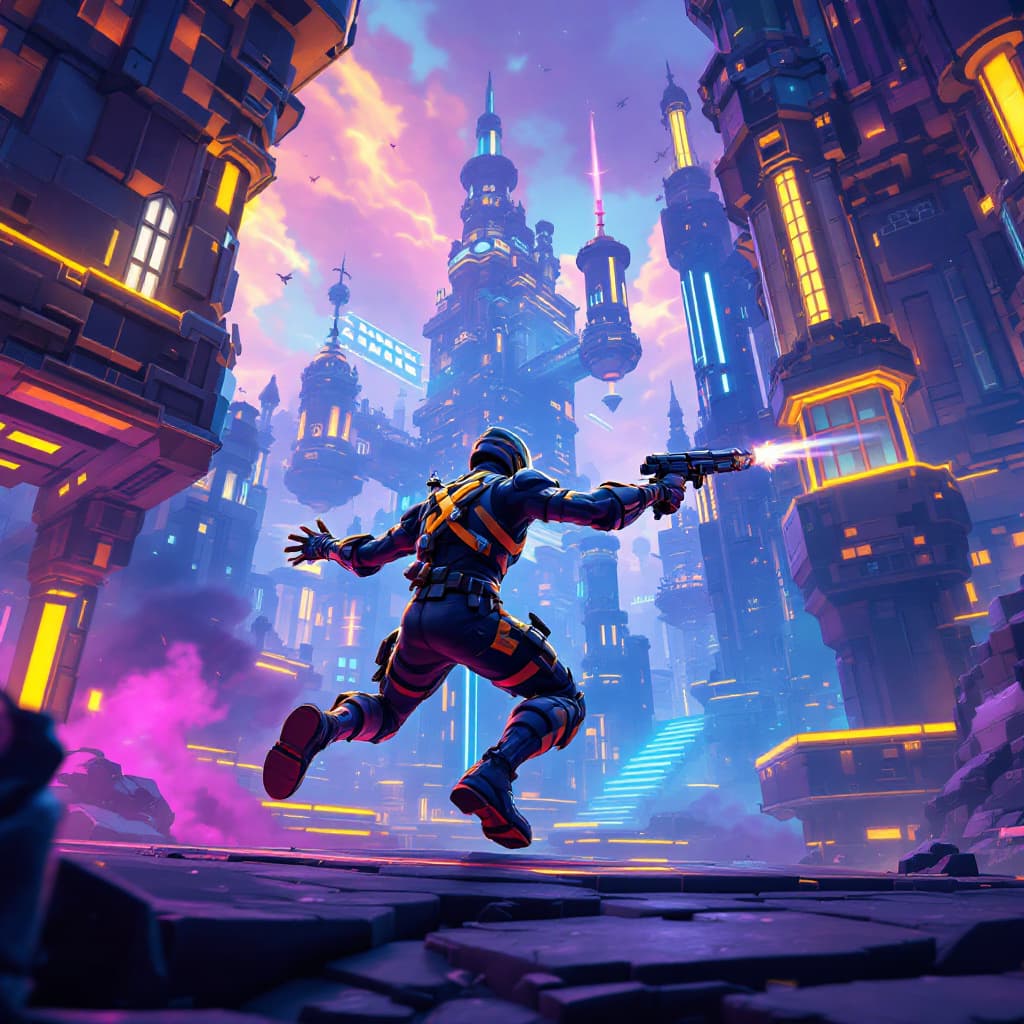 AI generated: Fortnite character in dynamic pose, neon-lit 1v1 arena, building structures mid-fight, dramatic acti...